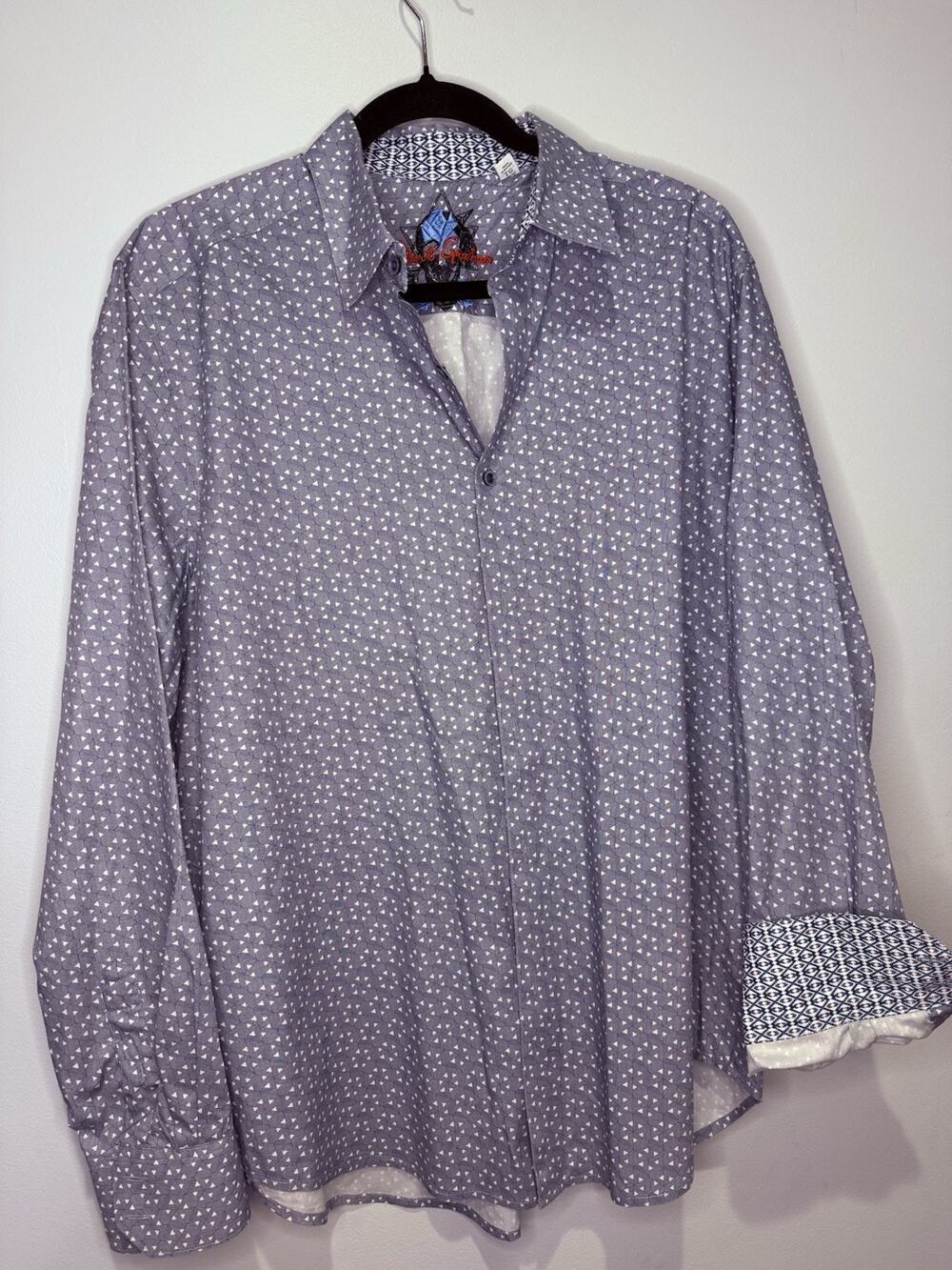 Robert Graham Blue White Geometric Flip Cuff Button Up Shirt Classic Fit Size XL